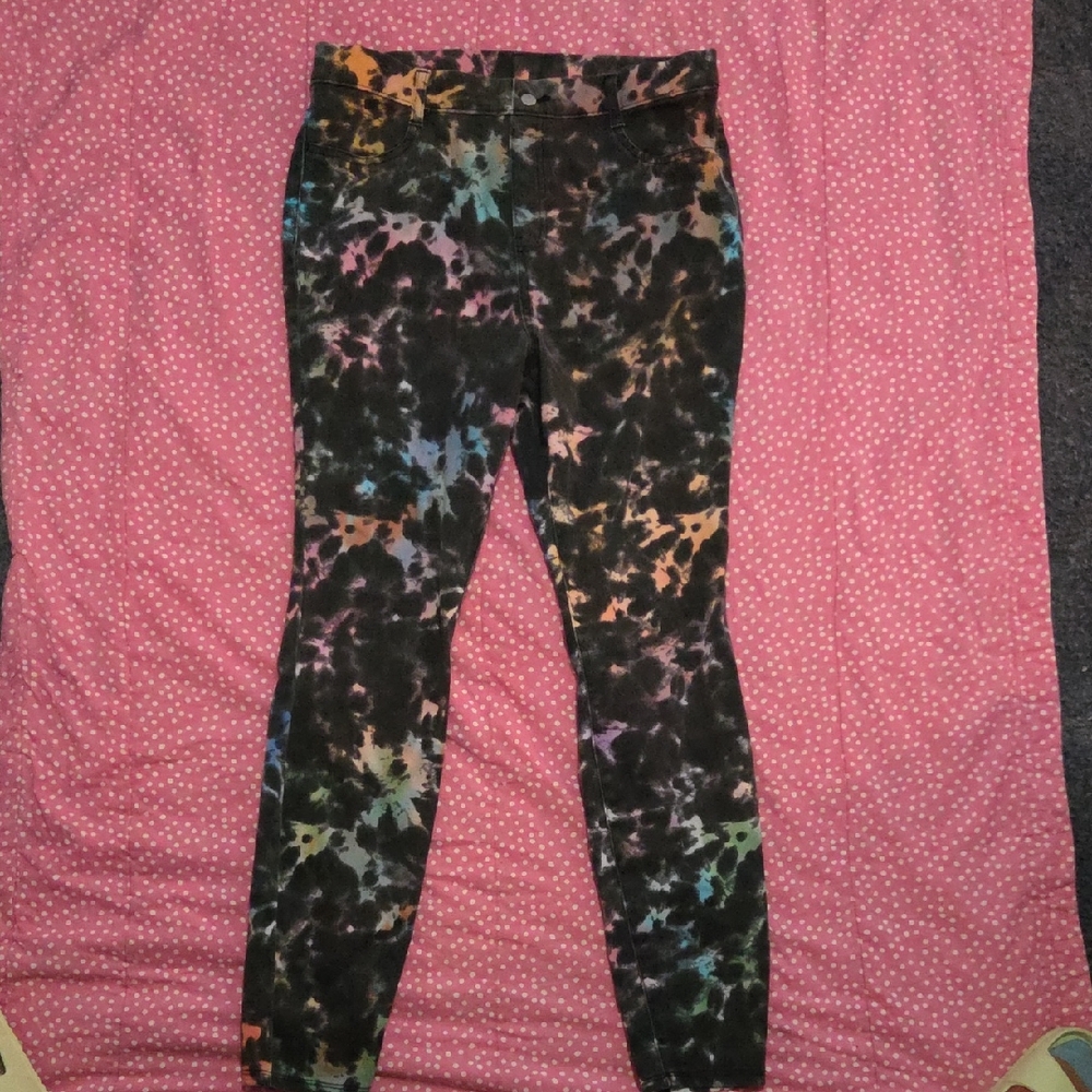 Time and Tru Black Tie-Dye Multicolor Stretchy Pants Large